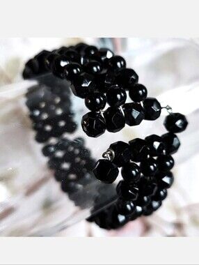 Jet Black Glass 3 Rows Triple Strand Memory Wire Smaller Vintage Ebony  Bracelet